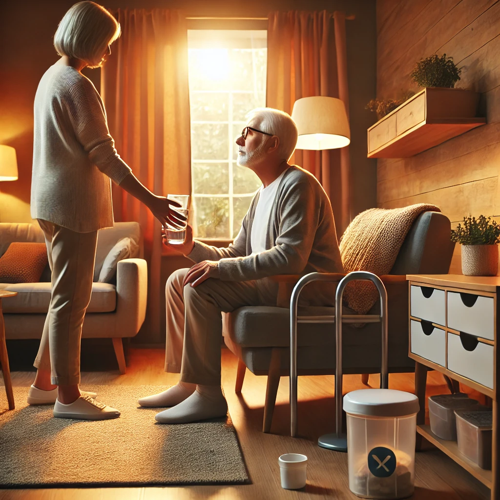 A warm, well-lit living room where a senior is comfortably seated in a chair. The room features safety modifications like a grab bar near the chair, non-slip rugs on the floor, and a pill organizer on a side table. A family member or caregiver is gently assisting the senior by handing them a glass of water, creating a calm and reassuring atmosphere that emphasizes safety and care.