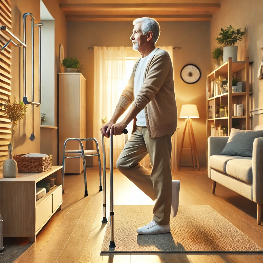 A senior person standing confidently in a well-lit home environment, with safety modifications like grab bars, non-slip rugs, and a cane nearby. The senior is performing a simple balance exercise, emphasizing the importance of fall prevention and maintaining independence.