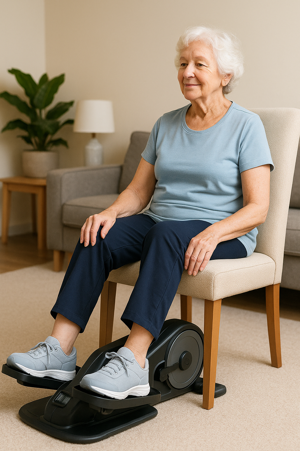 Senior woman using a compact under-desk elliptical machine at home to stay active and improve mobility
