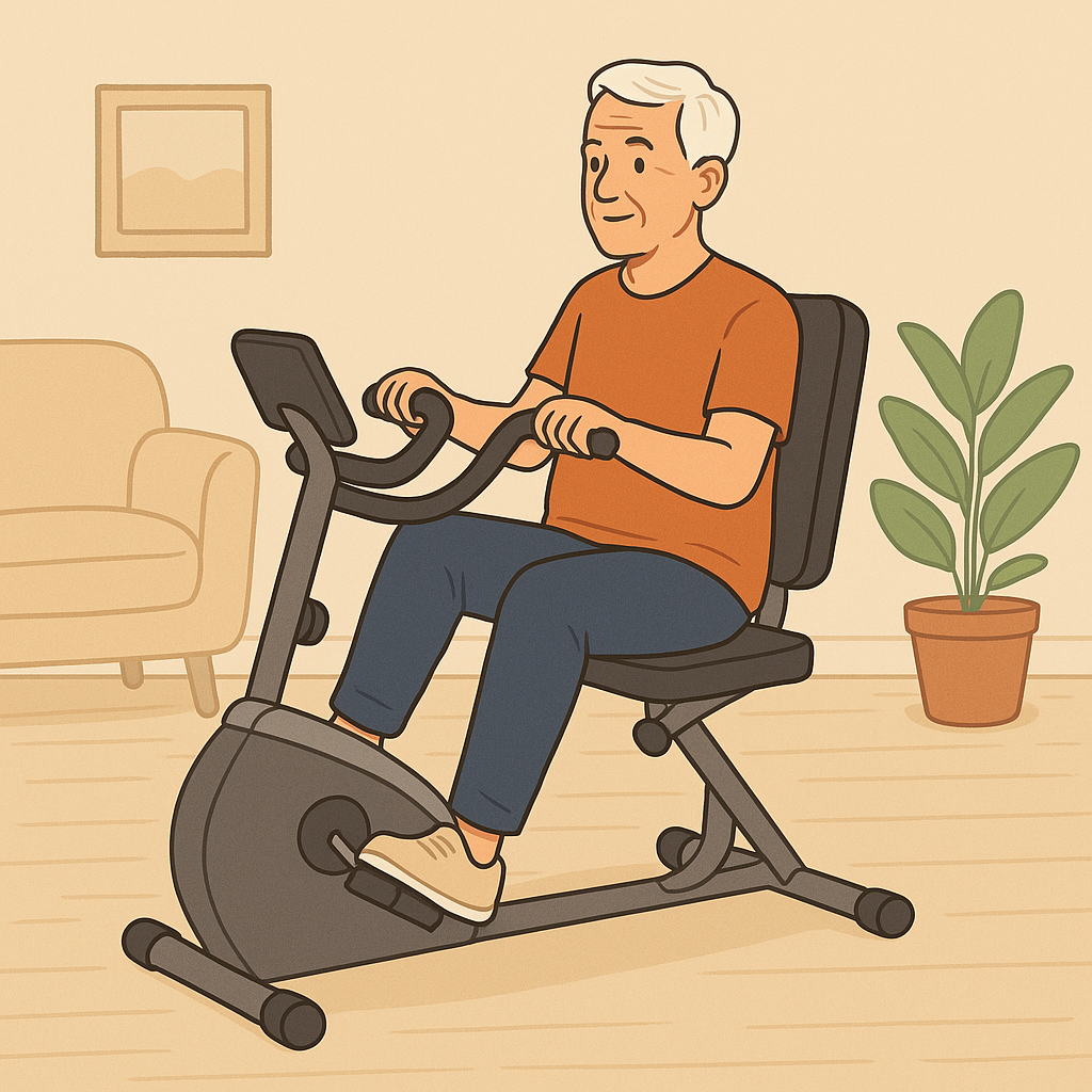 Older man using a compact recumbent exercise bike in a living room, promoting safe, low-impact fitness for seniors