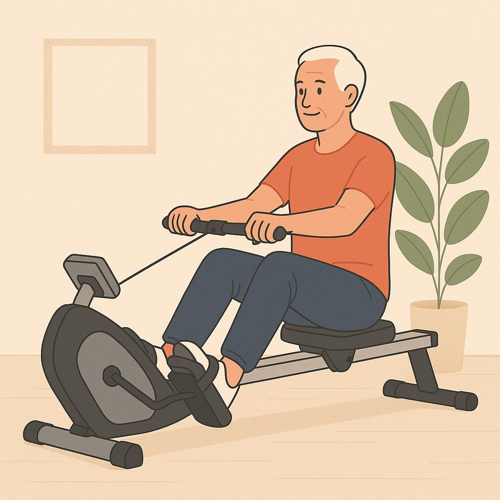 Older man using a compact rowing machine at home for low-impact, full-body exercise