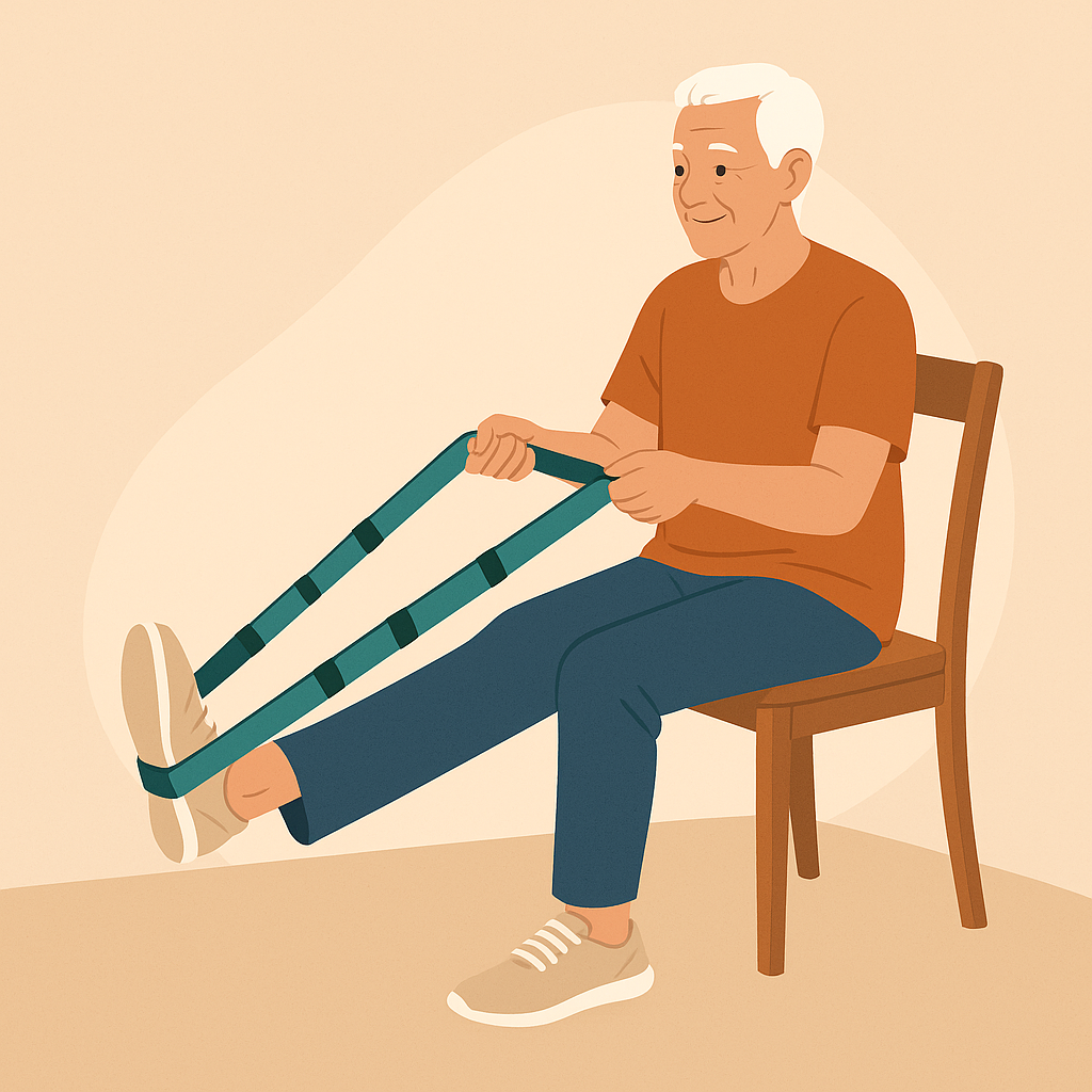 Older man sitting in a chair using a stretching strap to improve flexibility and mobility at home