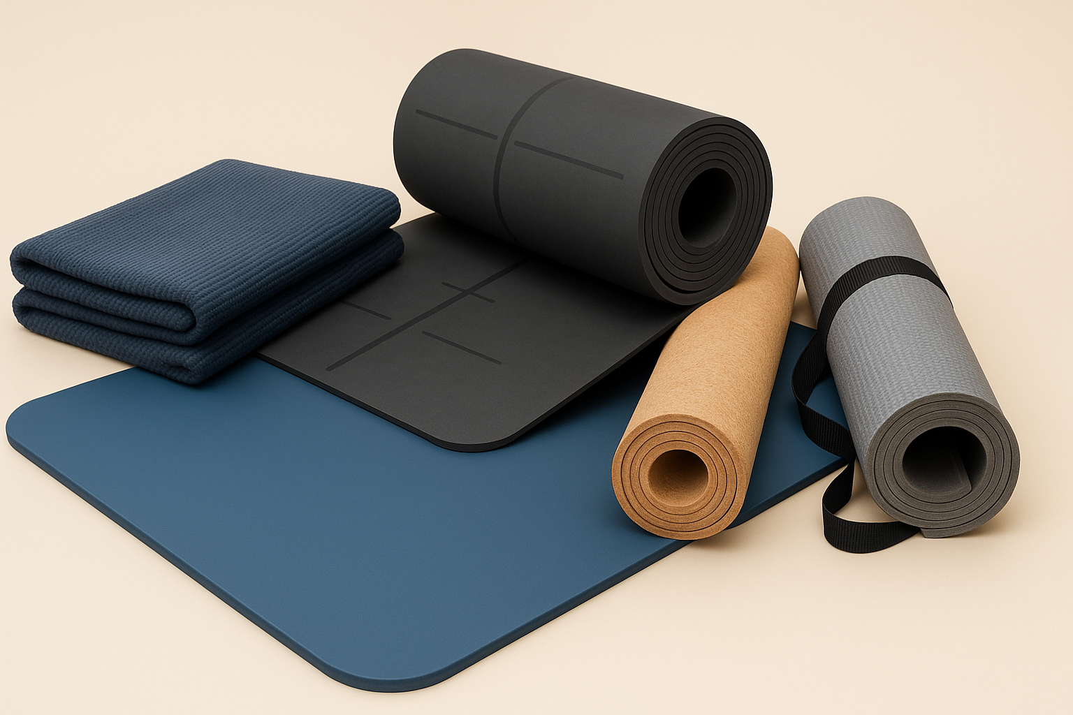 A selection of senior-friendly yoga mats in different colors and textures, including extra-thick, folded, cork, alignment, and travel styles.
