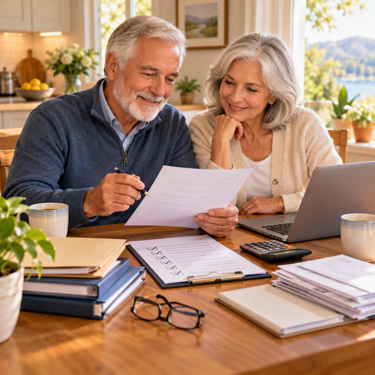 Older couple reviewing retirement financial documents, a checklist, and a laptop together at their kitchen table.